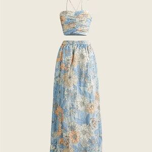 J.Crew Blue Peach Floral Collection textured satin skirt set in zinnia floral xs